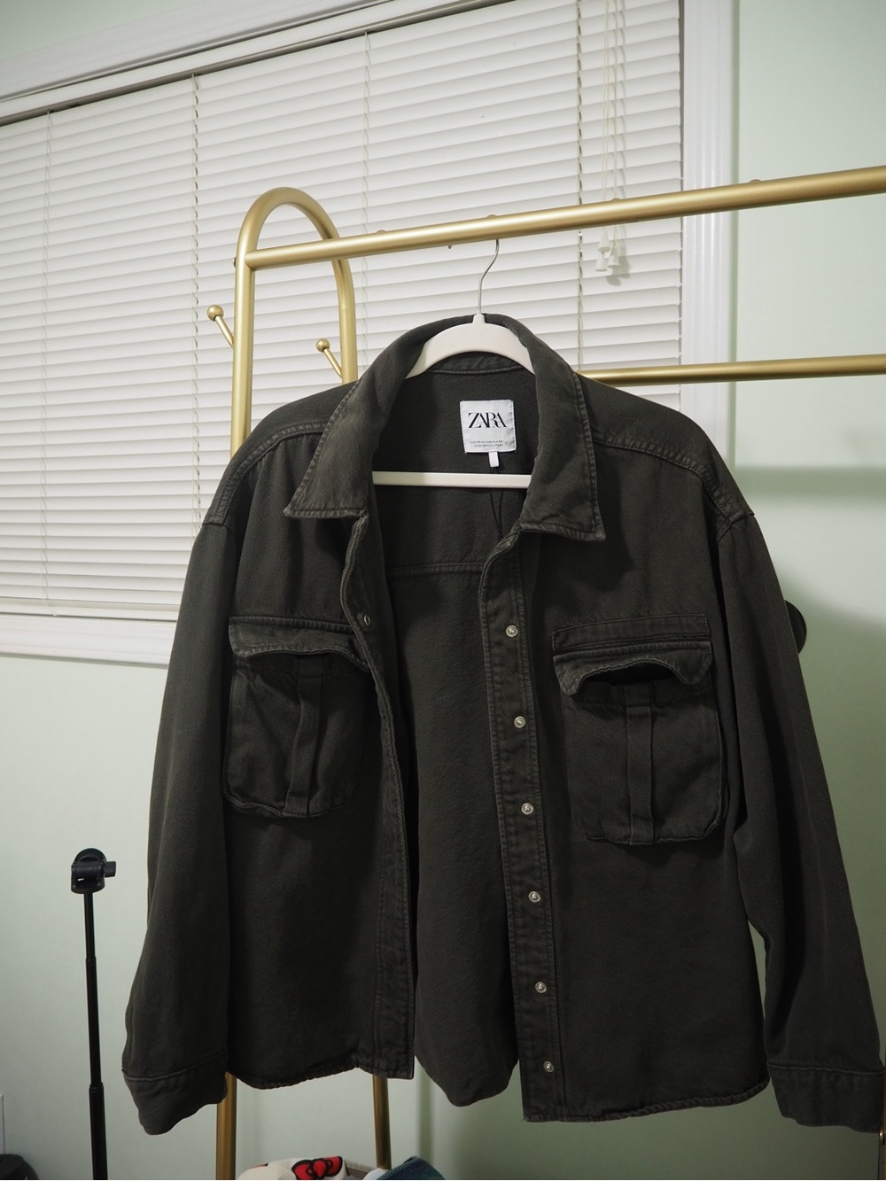 ZARA Washed Black Grey Denim Oversized Utility Button Front Shacket Jacket size